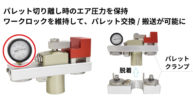 パレット切り離し時のエア圧力を保持ワークロックを維持して、パレットが可能に