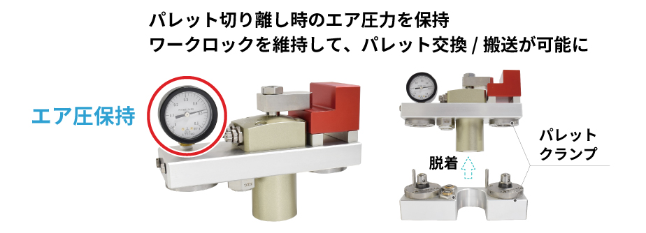 パレット切り離し時のエア圧力を保持ワークロックを維持して、パレットが可能に